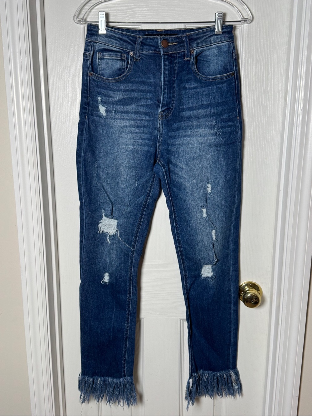 RISEN High Rise Distressed Frayed Heavy Fringe Hem Skinny Dark Wash Size 27/5